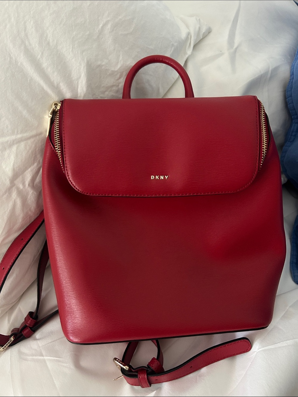 DKNY Red Leather Backpack with Gold Accents
